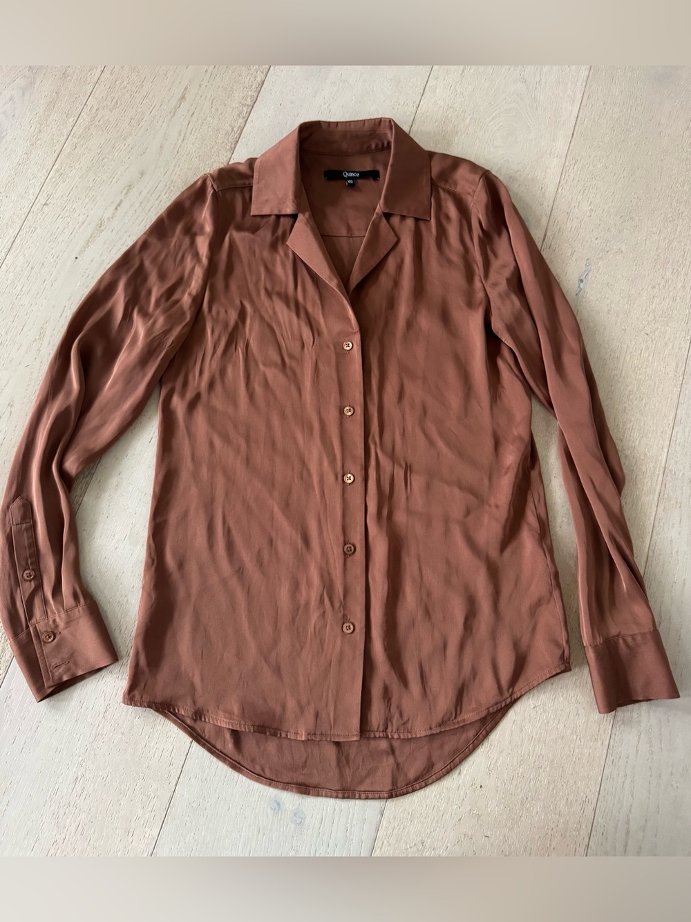 Quince Women's Washable Stretch Silk Notch Collar Blouse Copper Brown XS